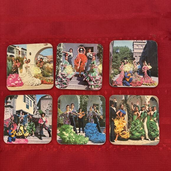 VTG Set Of 6 Square Coasters Spain Flamenco Dancing Photos Souvenirs Gypsy - Picture 1 of 11